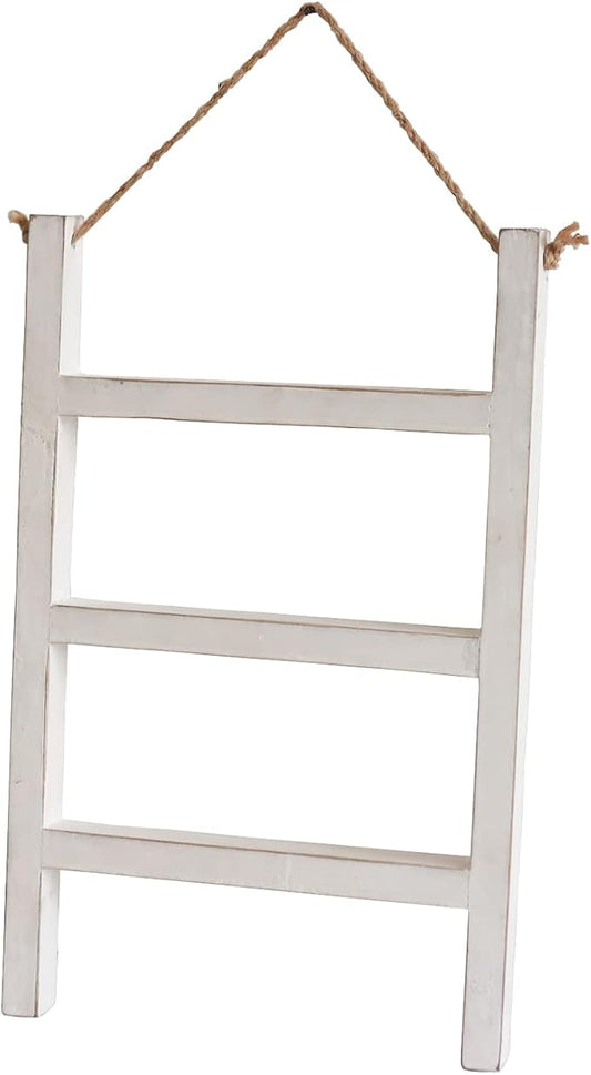 Joy Choice 16" Farmhouse Style 3-Tier Blanket Rack - Wall Hanging, Mini Ladder, Towel Rack for Bathroom, Living Room & Kitchen (White)