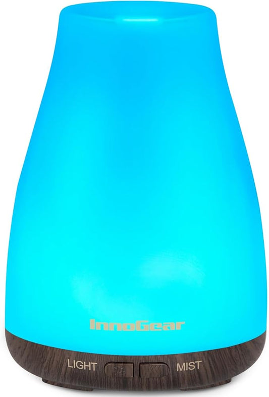 InnoGear Essential Oil Diffuser, Ultrasonic Diffusers for Home Aromatherapy Humidifier for Bedroom Room 7 Colors LED 2 Mist Mode Auto Off, Brown Base