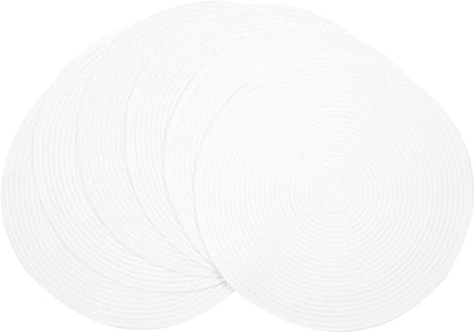 SHACOS Round Braided Placemats Set of 6 Round Table Mats for Dining Table 15 inch Washable Cotton Polyester Place Mat (White, 6)