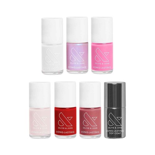 Olive & June Long Lasting Nail Polish Set | Includes 6 Chip-Resistant Shades (Pink Goldfish, HD, Grateful & Kind, CCT, LD, CV) + Top Coat | Vegan, Cruelty-Free | Salon-Quality at Home