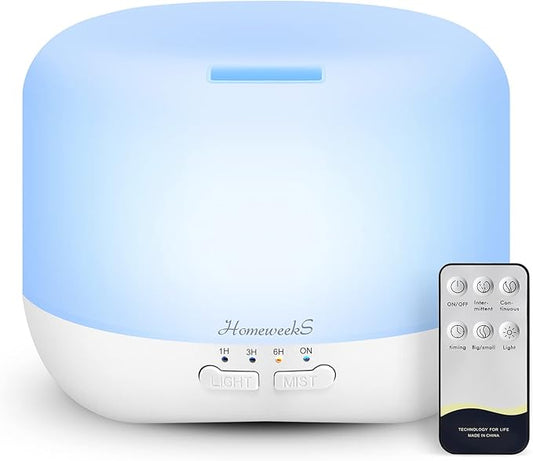 Aromatherapy Essential Oil Diffuser for Room: 500ml Colorful Aroma Air Humidifier with Adjustable Cool Mist Mode, Auto Off Ultrasonic Diffusers for Large Room Home Office(White)