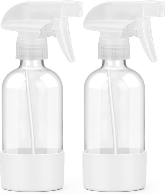 2 Pack Glass Spray Bottles 8 oz, Empty Refillable Containers with Silicone Sleeve Protection, Glass Spray Bottles for Cleaning Solutions, Hair and Plants with Adjustable Nozzles White