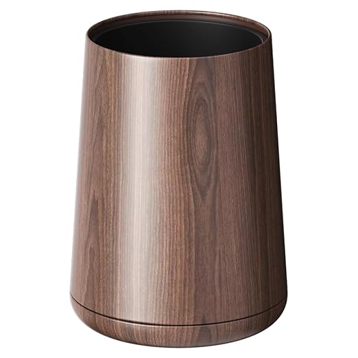 8L/2.1GAL Modern Metal Waste Bin with Realistic Wood Texture,Built-in Bag Holder,Open-Top Trash Bin for Bathroom,Home,Office,Living Room (2.1gal Cone)