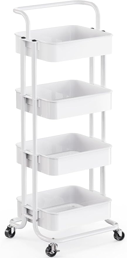 Pipishell 4 Tier Rolling Cart, Metal Utility Cart with Wheels and Handle, Rolling Storage Cart for Nursery Room, Living Room, Painting Room, Office and Kitchen, White