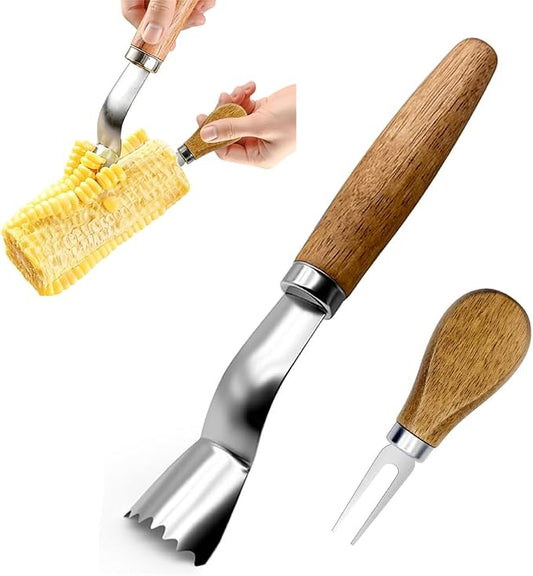 Corn Peeler + Corn Cob Holders, Corn on The Cob Stripper Tool, Corn Cob Stripper tool, Corn Cob Peeler, Sweet Corn Planer Cutter Kernel remover tool, Wooden Handle for Hand Grip, Corn Pick Set