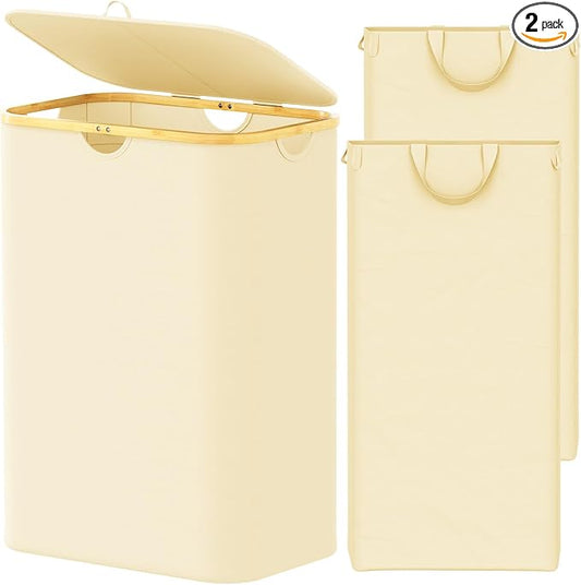 SpaceAid Double Laundry Hamper 2 Section with Lid and Removable Laundry Bags, 160L Clothes Basket with Bamboo Handles, Large Collapsible Hamper for Bedroom, Bathroom, Dorm, Laundry Room - Beige