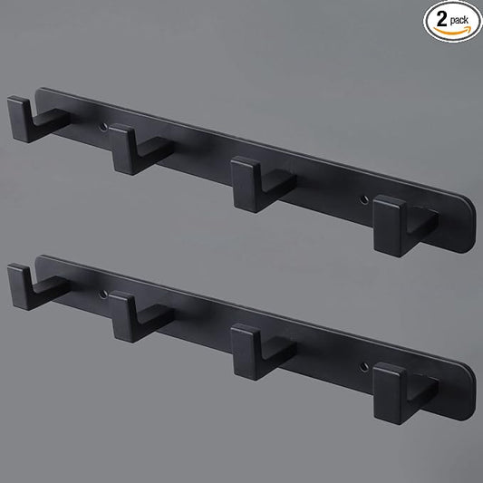 Coat Rack, Heavy Duty Stainless Steel 4 Tri Coat Hook Hanger, Wall Mounted Wall Hooks, Rustic Clothes Hook/Key Hook Rail for Bathroom Kitchen Entryway(2 Pack, 4 Hook Black)
