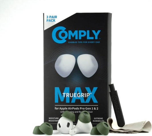 Comply TrueGrip MAX | Premium Memory Foam Replacement Earbud Tips for Apple AirPods Pro 1 & 2 | Long Lasting Comfort, MAX Durability, Secure Fit, Superior Noise Isolation| Green (Medium) (3 Pairs)