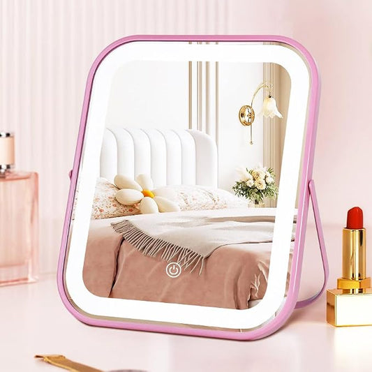 YEKKOPT Pink Rechargeable Vanity Mirror with Lights, LED Makeup Mirror, 10"×8" Lighted Makeup Mirror with Lights, Smart Touch Control Dimmable 3 Modes Light, Lighted Up Mirror for Makeup Desk, Bedroom