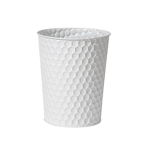 Venalys Small Metal Trash Can Wastebasket, Decorative Honeycomb Garbage Can Waste Basket, Modern Farmhouse Round Trash Bin for Bathroom, Bedroom, Kitchen and Office (White)