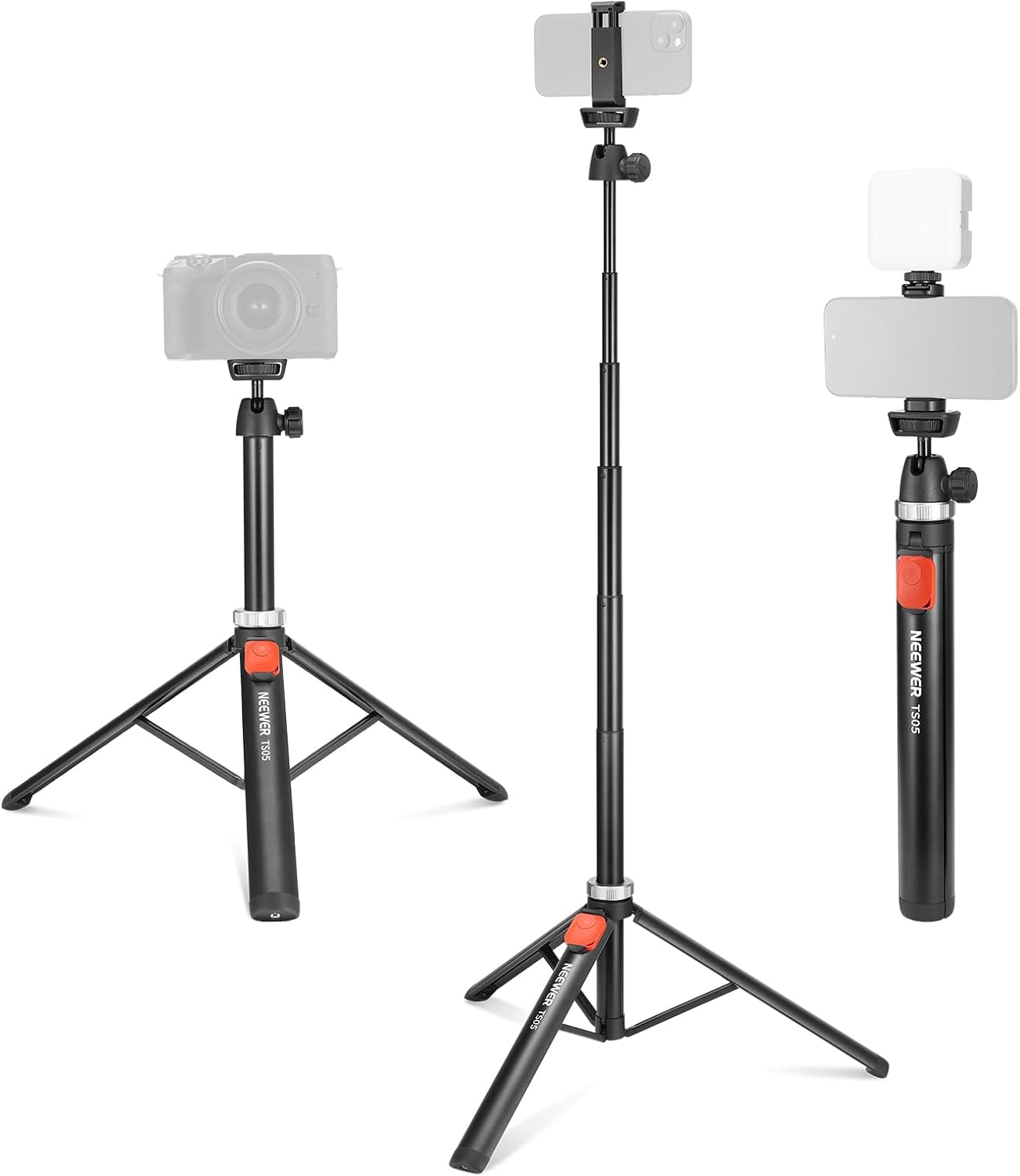 NEEWER Phone Tripod for Cell Phone & Camera with Remote, 62.9" All Metal Selfie Stick Travel Vlog Tripod Stand for iPhone with Phone Holder, Portable Camera Tripod for Canon Sony DLSR GoPro, TS05