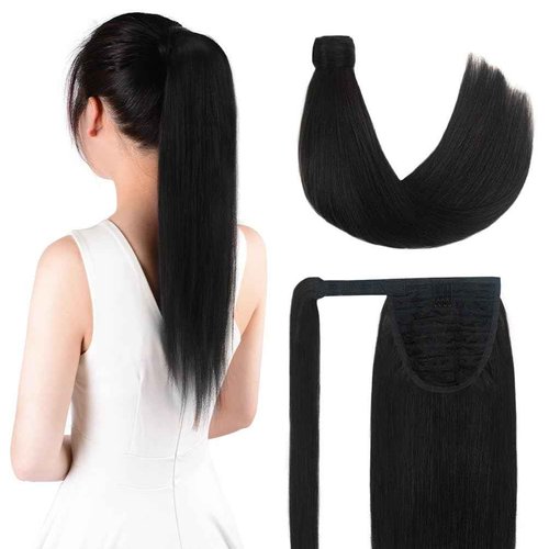 20 Inch Human Hair Ponytail 90g Long Wrap Around Ponytail Natural Black Real Hair Ponytail Extension for Women(20inch,Natural Black)
