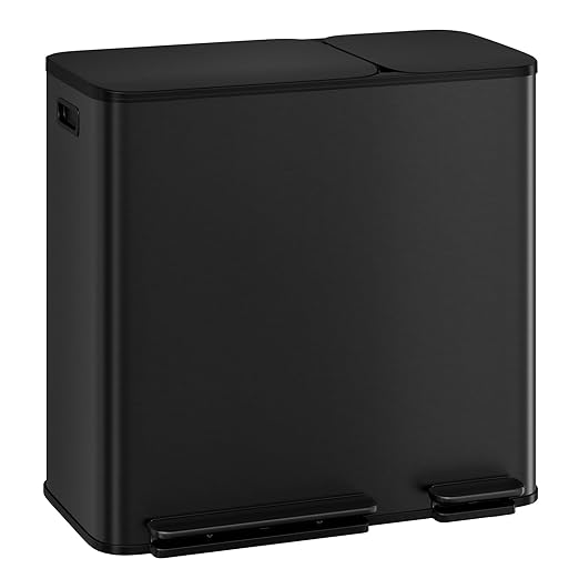 Dual Kitchen Trash Can 13.2 + 5.2 Gal (50+20L) Stainless Steel Trash Cans with Soft Close Lid Large Double Garbage and Recycling Bin with 2 Removable Inner Buckets Step-on Metal Garbage Cans Black