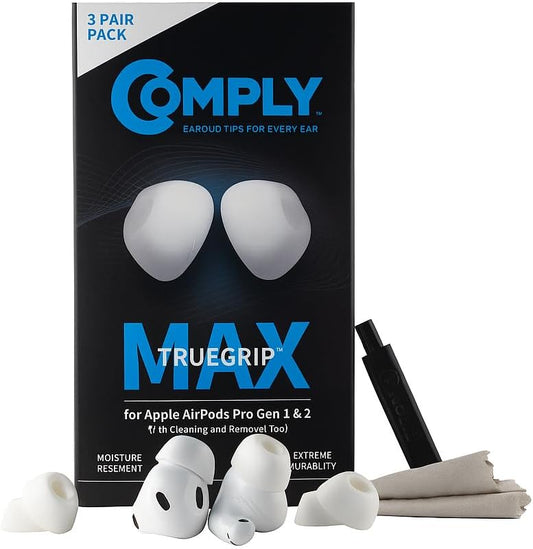 Comply TrueGrip MAX | Premium Memory Foam Replacement Earbud Tips for Apple AirPods Pro 1 & 2 | Long Lasting Comfort, Extreme Durability, Secure Fit, Superior Noise Isolation| White (Small) (3 Pairs)