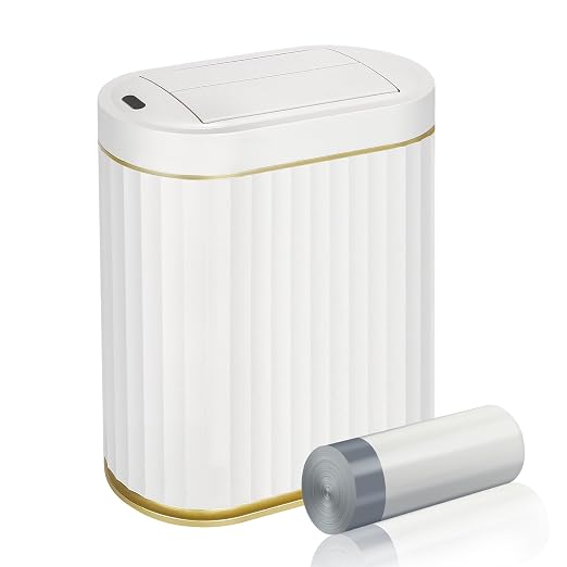 ELPHECO Bathroom Trash Can with Lid Butterfly, Motion Sensor Trash Can Bathroom Decor Automatic Garbage Can Wastebasket Bathroom Accessories, Kitchen, Living Room, Office, White Gold
