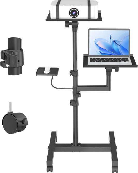 2 Shelves Mobile Projector Stand, Rolling Laptop Stand Adjustable Height to 47 Inches, Podium Stands with Ventilated Tray, Heavy Duty, Laptop Floor Stand for Office, Home, Stage, DJ