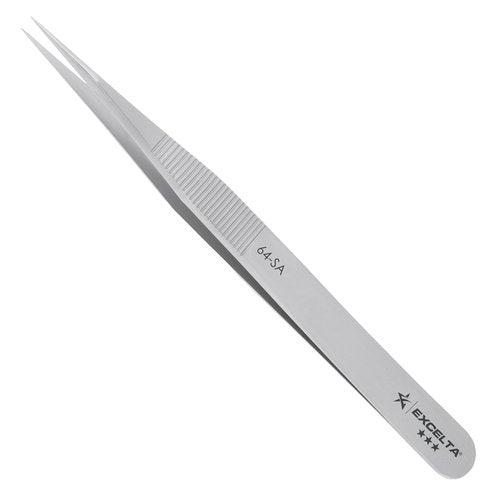 Excelta 64-SA Precision Tweezers, Straight Fine Tip, 4.75" Anti-Magnetic 316L Neverust Stainless Steel, Serrated Handle, ESD-Safe, Swiss-Made Tool for Electronics, Lab Use, Cleanroom & Forensics
