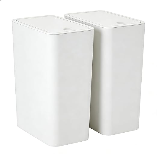 Compact Push-in Trash Can with Lid for Bathrooms, Kitchens, Living Rooms, Offices, Etc., Trash Can with Pop-Up Lid, 10 Liter/2.6 Gallon Slimline (White，2 Pieces)