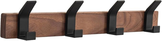 Coat Rack Wall Mount - 15.7 Inches Walnut Wood Coat Hooks Coat Rack Wall Mount with 4 Hooks Black Aluminum Coat Hooks for Hanging Coat Hat Bag Hat Rustproof Coat Hanger