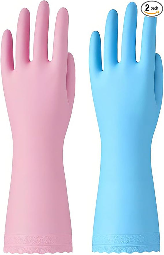 Bamllum Rubber Cleaning Gloves - 2 Pairs Latex Free Kitchen Cleaning Gloves with Cotton Liner- Household Dishwashing Gloves, Non- Slip Waterproof (Small, Blue+Pink)