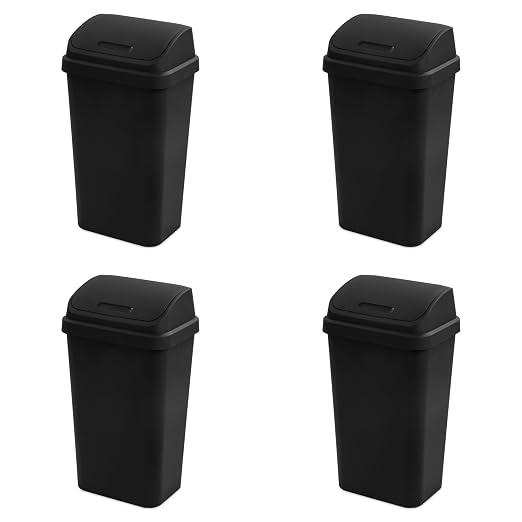Sterilite 4-Pack Swing Top Wastebasket, Sleek Square Profile Trash Can, 13 Gallon, Black - Modern Garbage Bin for Kitchen, Bathroom, Garage and Workspace, Fits 13 Gal Liners