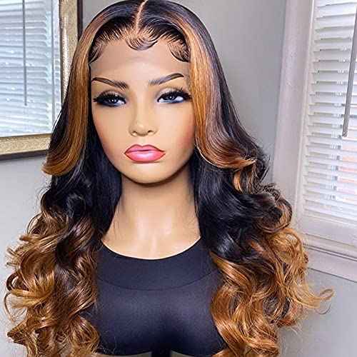 JYZ Wavy Blonde Lace Front Wigs Human Hair 13X4 Ombre Lace Front Wig Human Hair 2 Tones Color 1B/30 Color Wigs for Black Women Human Hair Transparent Pre Plucked with Baby Hair (18 Inch Middle Part)