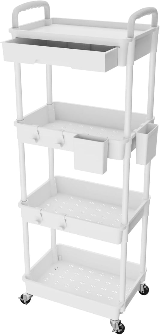 4 Tier Rolling Utility Cart with Drawer,REBECAT Utility Cart Made of Multifunctional Storage Organizer Tool for Kitchen,Bathroom,Living Room,Office(Gray)