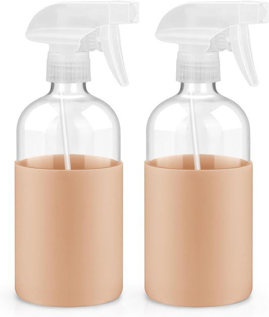 2 Pack Glass Spray Bottles with Long Silicone Sleeve, 16 oz Empty Refillable Containers with Adjustable Spray Nozzles, Spray Bottles for Hair, Cleaning Solutions and Plants khaki