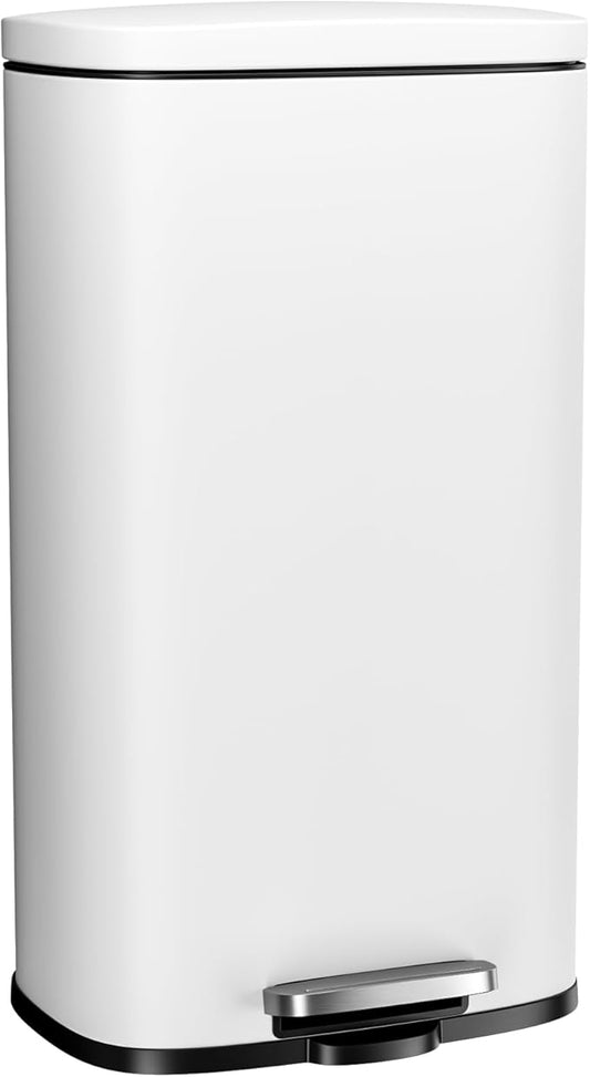Arlopu 8 Gallon Step Trash Can, Stainless Steel Garbage Bin, Soft-Close Rubbish Bin with Removable Plastic Inner Bucket, Fingerprint-Proof, Lid Dustbin, Suit for Kitchen Home (White, 30L)