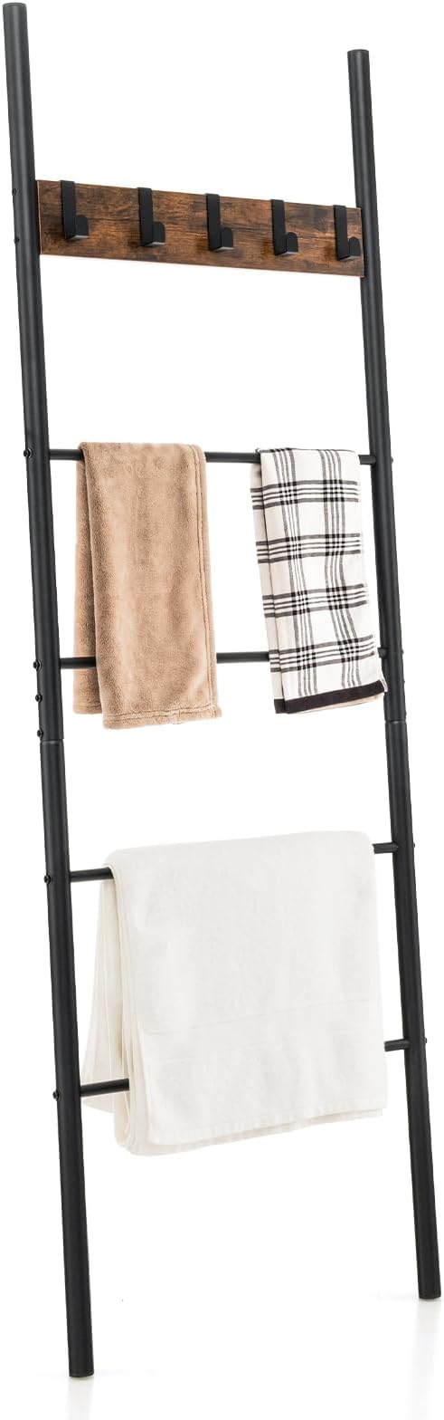 GOFLAME Blanket Ladder, 5-Tier Wall-Leaning Towel Holder Shelf with 5 Removable Hooks, Industrial Quilt Stand with Anti-Slip Foot Pads, Towel Ladder Display Rack for Bathroom, Living Room, Bedroom