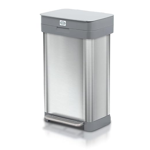 Clorox 13 Gallon Trash Can - 50L Kitchen Trash Can with Wide Step Pedal - Rectangular Stainless Steel Garbage Bin with Hinged Rim and Odor Protection