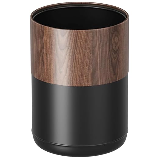 3.1GAL Modern Metal Waste Bin with Realistic Wood Texture,Built-in Bag Holder,Open-Top Trash Bin for Bathroom,Home,Office,Living Room (3.1gal Round)