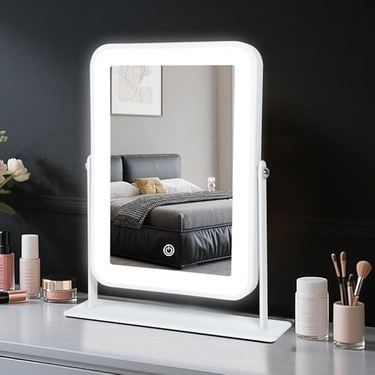 YEKKOPT Rechargeable Small Vanity Mirror with Lights,9"x11"Portable LED Desk Mirror, Make up Mirror with Lighting,Touch Screen with 3-Color Lighting, Dimmable, for Shaving, Tabletop, Bedroom