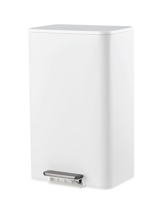 4.8 Gallon/18 Liter Trash Can, Stainless Steel Step Garbage Can with Quiet Soft-Close Lid, Foot Pedal & Removable Inner Bucket, Rectangular Trash Bin for for Small Kitchen Home Garage Office, White