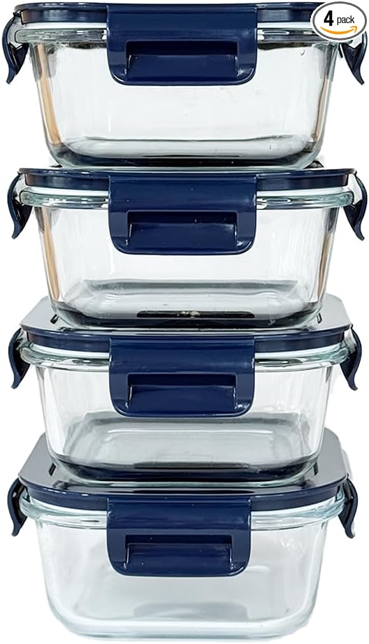 2 Cup Square Glass Food Containers set, Small Square Food Storage Containers With Airtight Lids, BPA free 16oz small Glass Meal Prep Bowls, Dishwasher, Microwave, Freezer Safe (Dark Blue)