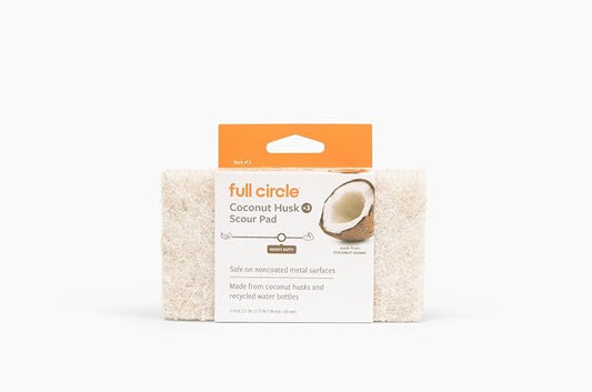 Full Circle Heavy Duty Scour Pads, Pack of 3 – Plant-Based Coconut Shell Scrubbers Made with Recycled Materials, Safe for Nonstick Cookware