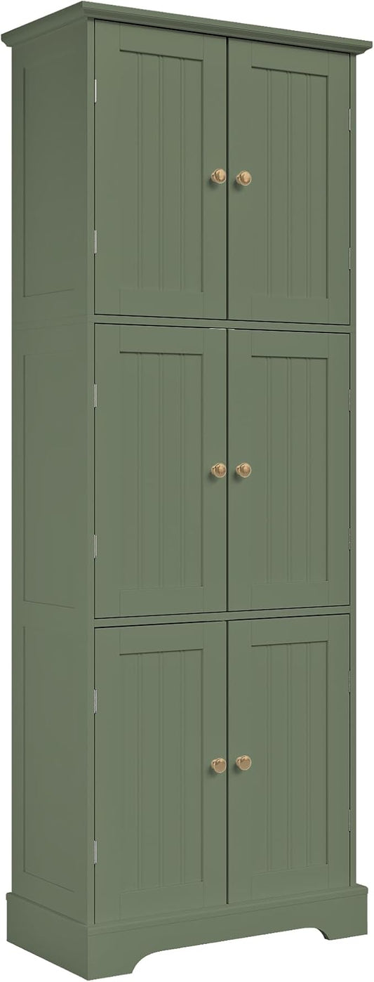 ChooChoo Tall Bathroom Storage Cabinet with 6 Doors, Freestanding Floor Cabinet with Adjustable Shelves, Green Pantry Cabinet for Bathroom, Kitchen, Laundry Room