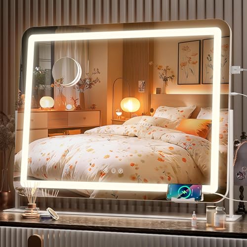 Hasipu Vanity Mirror with Lights, 25" x 21" LED Makeup Mirror, Light up Mirror with 10X Magnification and Phone Holder, USB Charging Port, Smart Touch 3 Colors Dimmable, 360¡Æ Rotation (White)
