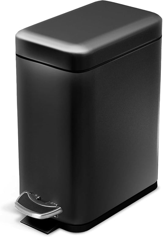 Home Zone Living 1.3 Gallon Small Bathroom Trash Can with Lid and Step Pedal, Stainless Steel Wastebasket with Slim Design for Home and Office, Matte Black, 5 Liters