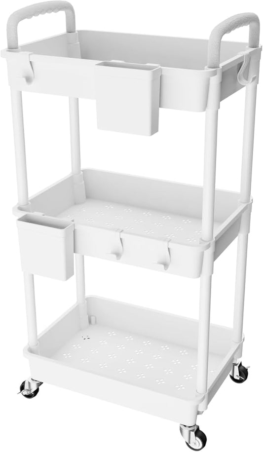 3 Tier Rolling Utility Cart with Handle,REBECAT Utility Cart Made of Multifunctional Storage Organizer Tool for Kitchen,Bathroom,Living Room,Office(White)