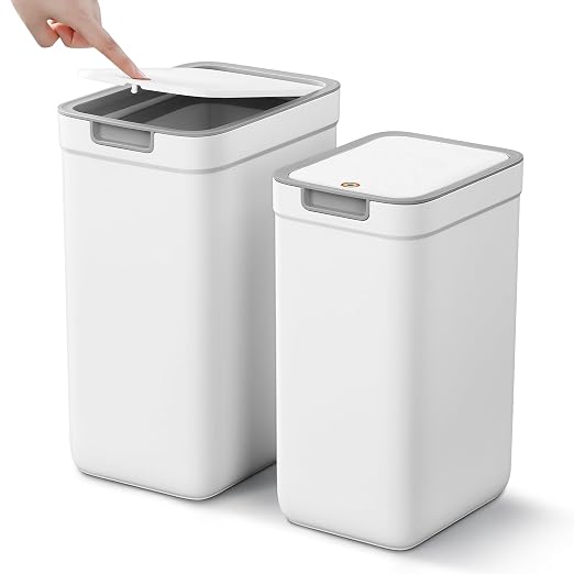 MOPALL 2 Pack Bathroom Trash Can with Lid, 3.6Gal + 2.5Gal Small Garbage Can Set with Pop-Up Lid, Slim Trash Bin Waste Basket for Toilet, Office, Bedroom, Living Room (White)