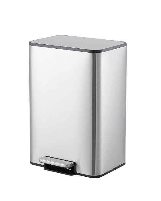 4 Gallon/15 Liter Trash Can, Stainless Steel Step Garbage Can with Quiet Soft-Close Lid, Foot Pedal & Removable Inner Bucket, Rectangular Trash Bin for for Living Room Home Office, Silver