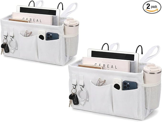 2pc Bedside Caddy Organizer with Hooks, No-Sagging Canvas Hanging Bed Pocket with Water Bottle Holder, Bedside Storage for Dorm Room Essentials, Bunk Bed Accessories, Hospital Bed Rails & Crib (white)