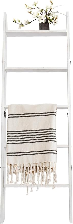 5-Tier Blanket Ladder – 4.8 Ft Wall Leaning Quilt Rack, Farmhouse Blanket Storage for Living Room, Bedroom & Bathroom – Rustic Decorative Wooden Towel & Quilt Holder, Easy to Assemble