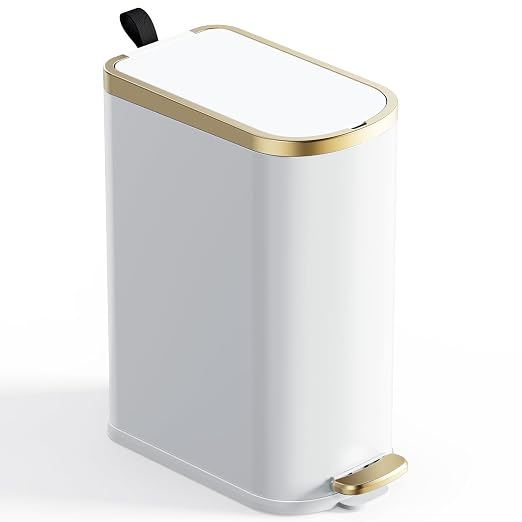 CEROELDA Small Bathroom Trash Can with Lid Soft Close-10L/2.6 Gal Slim Garbage Can-Metal Step Wastebasket-Rectangle Narrow Waste Bin for Office, Bedroom, Toilet, Live Room (White)