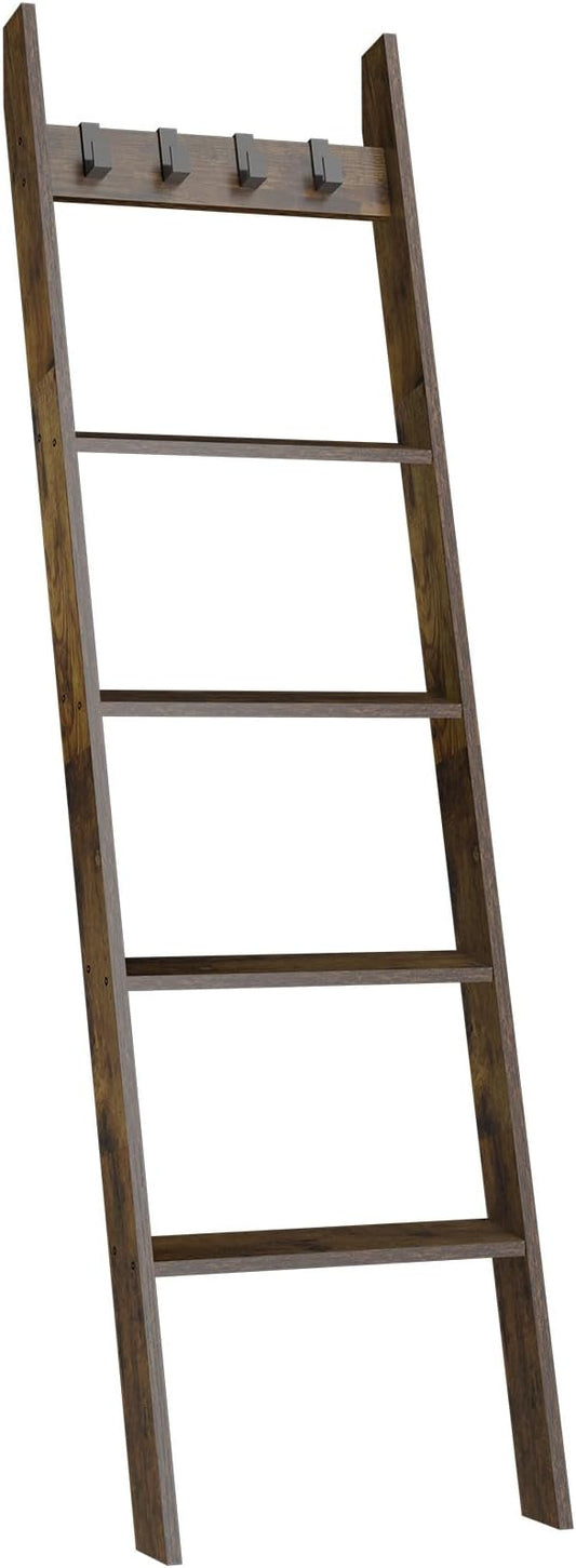 IBUYKE 5-Tier Blanket Ladder Shelf,Ladder Rack for Storage and Decor,Wooden Blanket Holder with Hooks,Easy Assembly for Bedroom,Rustic Brown TTR006H