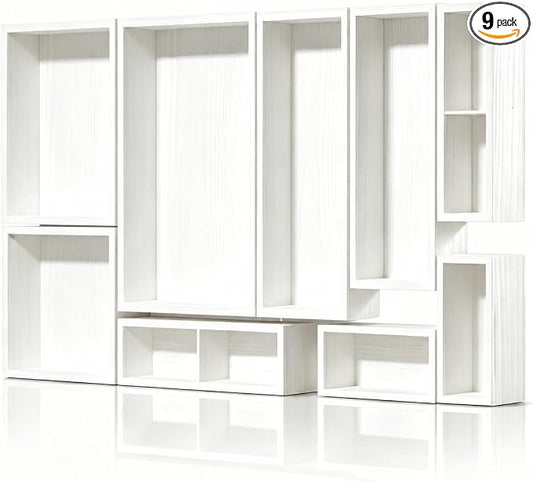 9-Pack Solid Wood Junk Drawer Organizer, Modular Desk Drawer Tray & Accessories with Non-Slip Pad, Multi-Use for Kitchen, Office, Bedroom Dresser, Utensil, Makeup, Stationery, Tea Bags & Coffee Pod