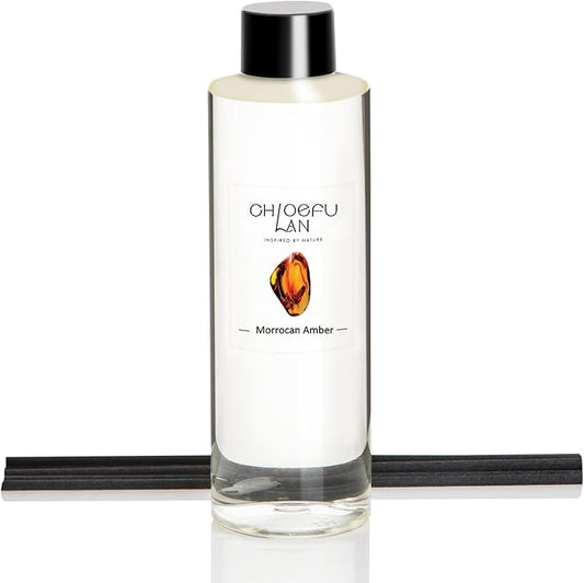 Morrocan Amber Scented Oil Diffuser Refill 6.76 fl oz Natural Essential Oil - Best for Home Bathroom Shelf Decor, 0% Alcohol, Unique Blend to Promote Sleep & Relieve Stress