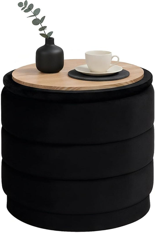B FSOBEIIALEO Round Velvet Storage Ottoman with Tray, Folding Ottoman with Storage Coffee Table Foot Rest for Dorm Room, Living Room Black, 15.35"x15.35"x14.57"