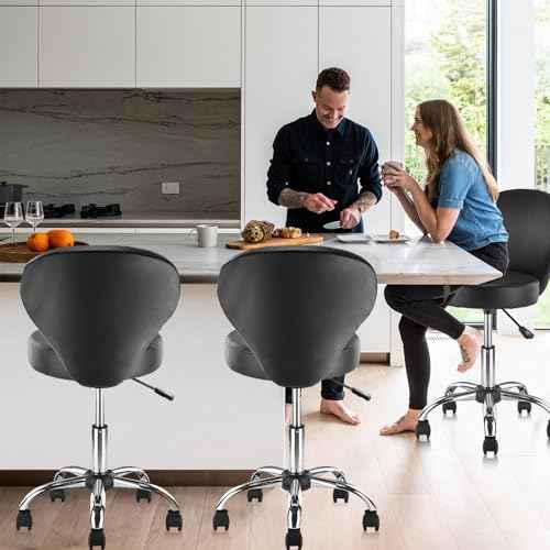 KLASIKA Leather Rolling Swivel Salon Stool Chair with Back Support Adjustable Hydraulic Seat Height 22 in for Office Massage Facial Spa Medical Drafting Tattoo Beauty Barber